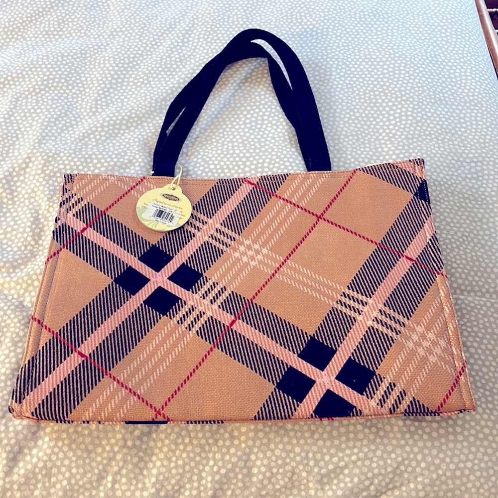 Spartina Telfair Market Tote, NWT. Neutral plaid with waterproof lining.